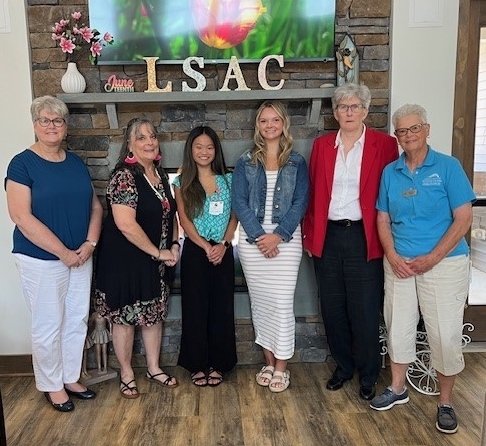Seniors Helping Seniors Scholarship presentation attendees are (l-r) Tracy Bell, Margaret H. Rollins School of Nursing at Beebe Healthcare program coordinator; Pamela Sweeney, Lewes Senior Activity Center board president; recipients Olivia Creamer of Greenwood and Jocelyn Holden of Millsboro; Virginia Dillon, LSAC executive director; and Cheryl Buxton, LSAC at-large board member.